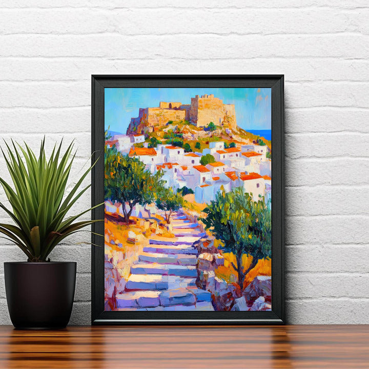 Lindos Rhodes Oil Painting Poster Greece Wall Art Coastal Village Landscape Print Gift for Europe Travel Lovers and Fans of Scenic Greek