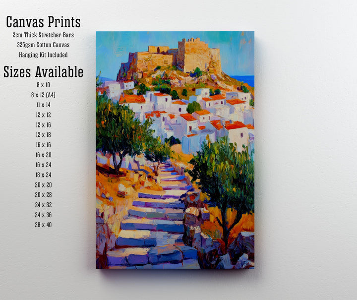 Lindos Rhodes Oil Painting Poster Greece Wall Art Coastal Village Landscape Print Gift for Europe Travel Lovers and Fans of Scenic Greek