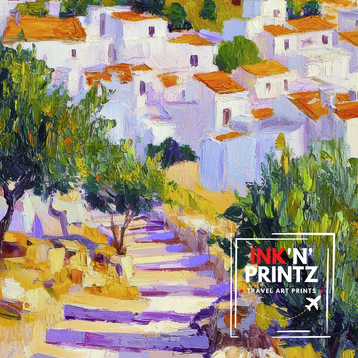 Lindos Rhodes Oil Painting Poster Greece Wall Art Coastal Village Landscape Print Gift for Europe Travel Lovers and Fans of Scenic Greek
