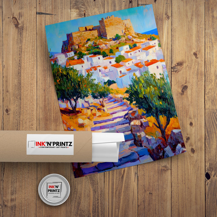 Lindos Rhodes Oil Painting Poster Greece Wall Art Coastal Village Landscape Print Gift for Europe Travel Lovers and Fans of Scenic Greek