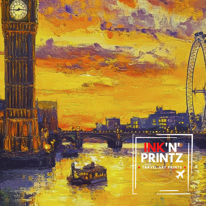 London Skyline Oil Painting Poster England Wall Art City Landmark Print Gift for UK Travel Lovers and Fans of Scenic British Architecture