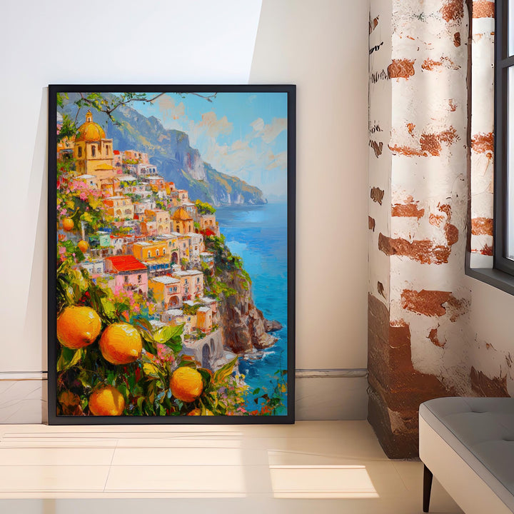 Positano Oil Painting Poster Amalfi Coast Italy Wall Art Mediterranean Village Print Gift for Europe Travel Lovers and Fans of Scenic