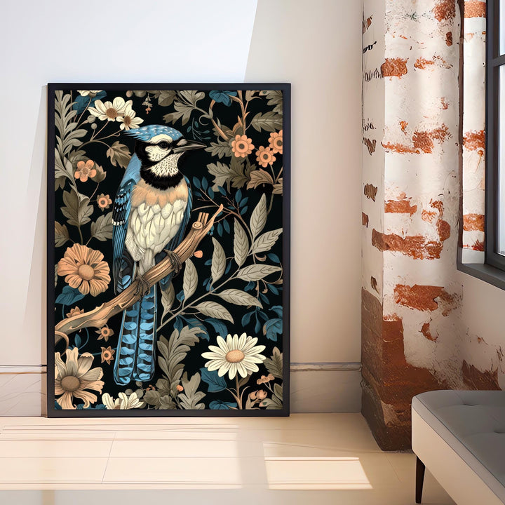 Blue Jay in a Floral Pattern Poster William Morris Style Cottagecore Art Vintage Nature Illustration Rustic Decor