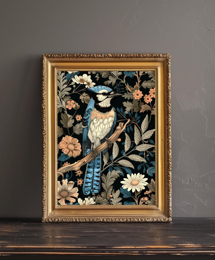 Blue Jay in a Floral Pattern Poster William Morris Style Cottagecore Art Vintage Nature Illustration Rustic Decor