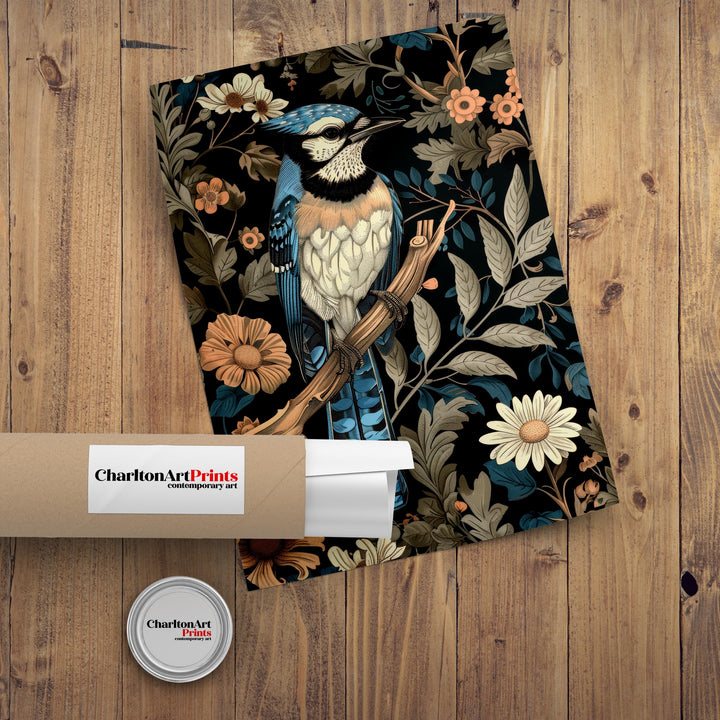 Blue Jay in a Floral Pattern Poster William Morris Style Cottagecore Art Vintage Nature Illustration Rustic Decor