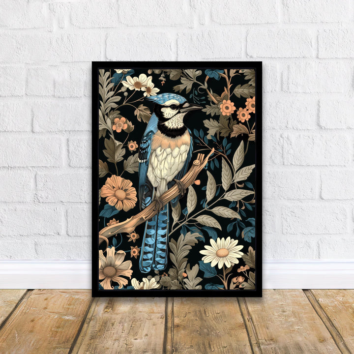 Blue Jay in a Floral Pattern Poster William Morris Style Cottagecore Art Vintage Nature Illustration Rustic Decor