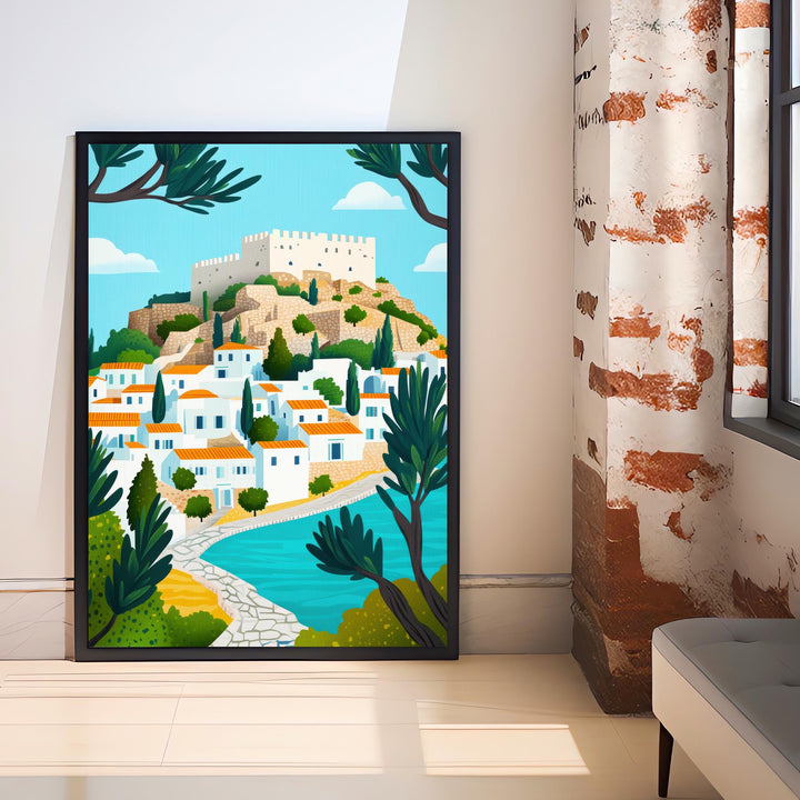 Lindos Rhodes Minimalist Travel Poster Print Greece Wall Art Coastal Village Landscape Gift for Europe Lovers and Fans of Scenic Greek