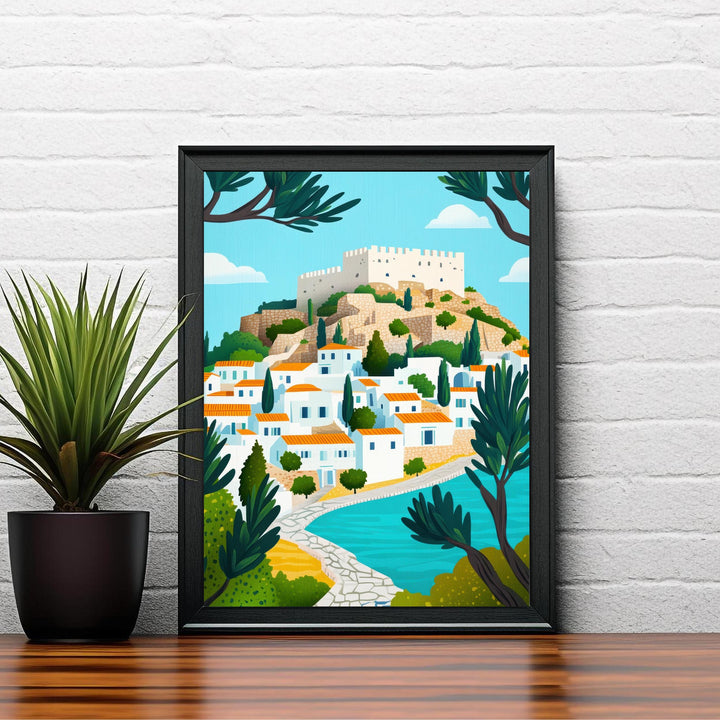 Lindos Rhodes Minimalist Travel Poster Print Greece Wall Art Coastal Village Landscape Gift for Europe Lovers and Fans of Scenic Greek