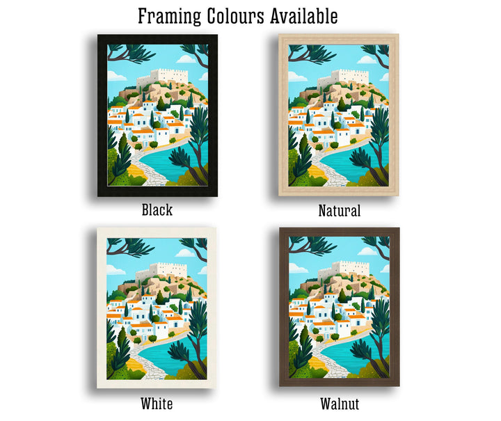 Lindos Rhodes Minimalist Travel Poster Print Greece Wall Art Coastal Village Landscape Gift for Europe Lovers and Fans of Scenic Greek