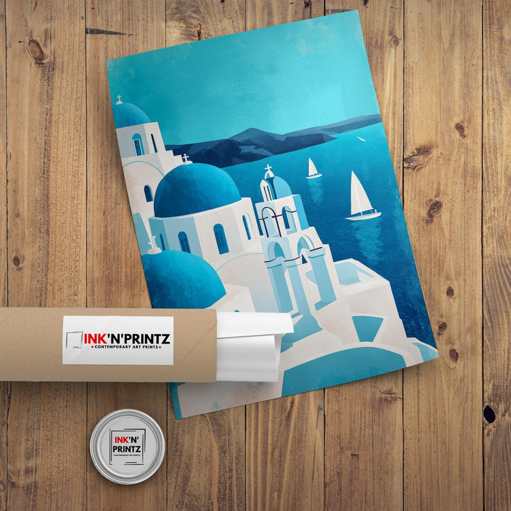 Santorini Minimalist Travel Poster Print Greece Wall Art Mediterranean Island Landscape Gift for Europe Lovers and Fans of Scenic Greek