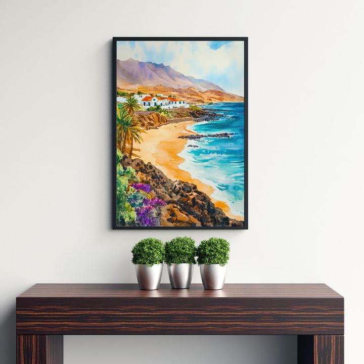 Fuerteventura Watercolour Painting Poster Canary Islands Spain Wall Art Coastal Landscape Print Gift for Europe Lovers and Fans of Scenic