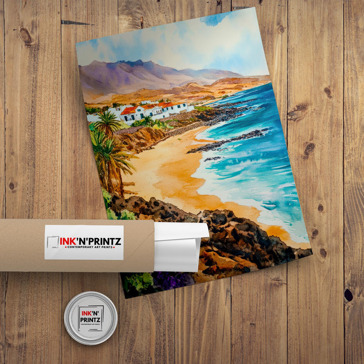 Fuerteventura Watercolour Painting Poster Canary Islands Spain Wall Art Coastal Landscape Print Gift for Europe Lovers and Fans of Scenic