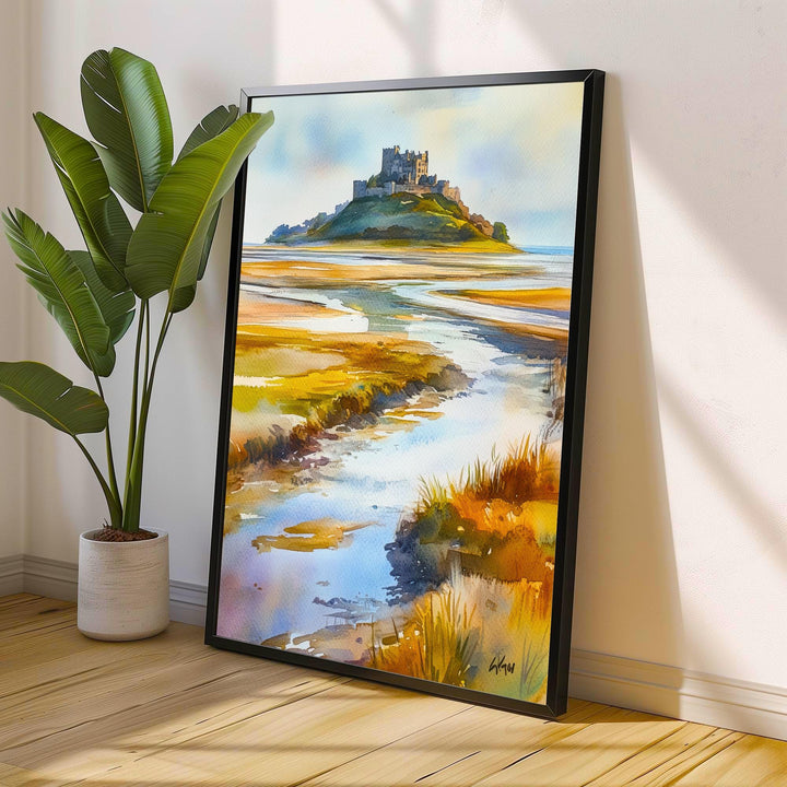 Holy Island Northumberland Watercolour Painting Poster England Wall Art Coastal Landscape Print Gift for UK Travel Lovers and Fans of Scenic