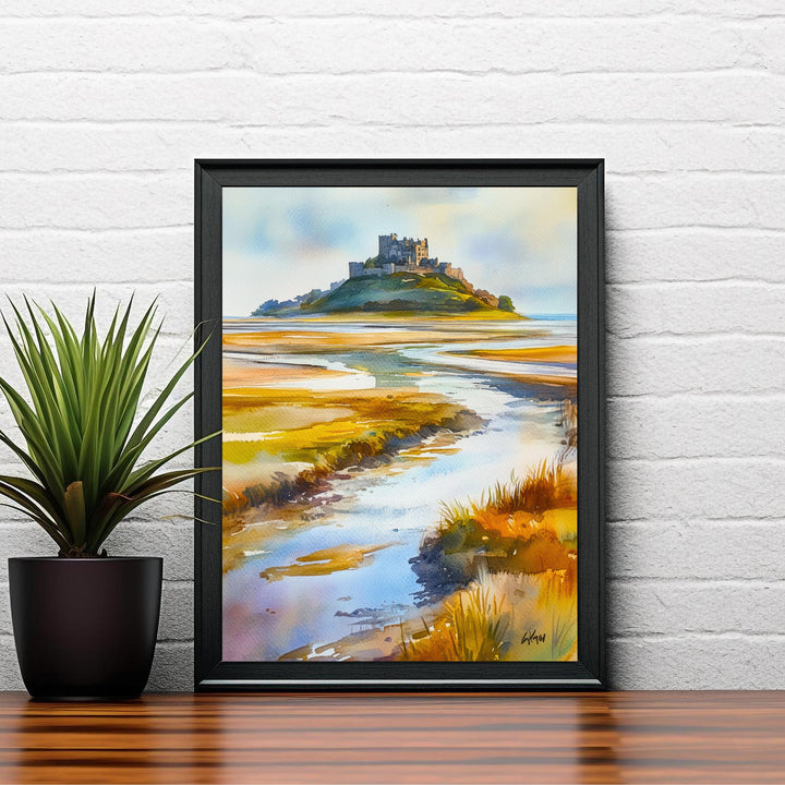 Holy Island Northumberland Watercolour Painting Poster England Wall Art Coastal Landscape Print Gift for UK Travel Lovers and Fans of Scenic