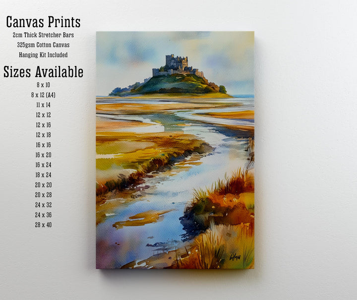Holy Island Northumberland Watercolour Painting Poster England Wall Art Coastal Landscape Print Gift for UK Travel Lovers and Fans of Scenic