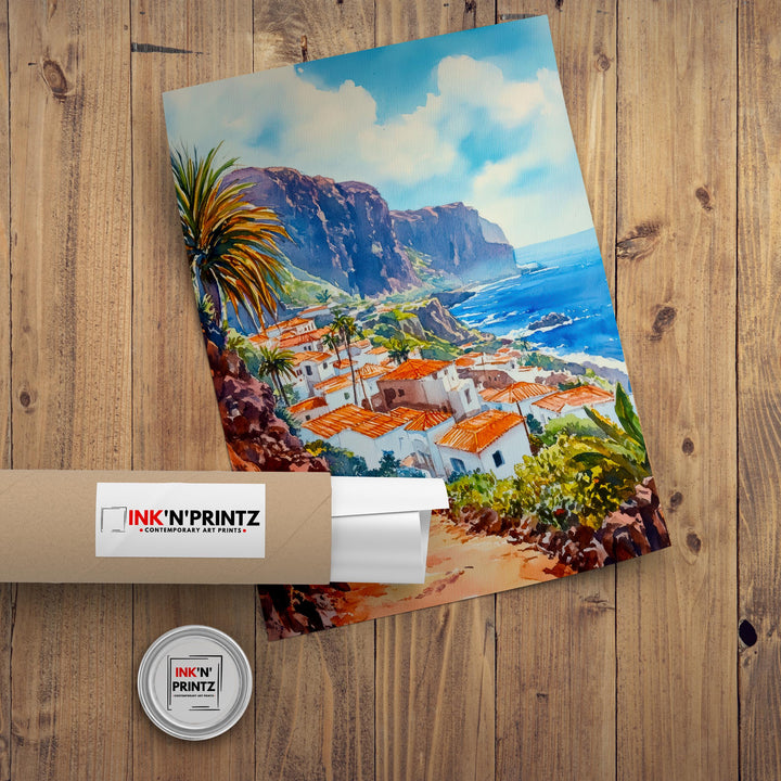 Las Palmas Watercolor Painting Poster Gran Canaria Spain Wall Art Coastal City Landscape Print Gift for Europe Lovers and Fans of Scenic