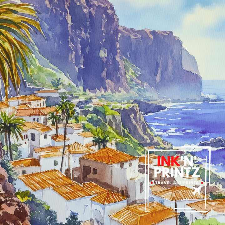 Las Palmas Watercolor Painting Poster Gran Canaria Spain Wall Art Coastal City Landscape Print Gift for Europe Lovers and Fans of Scenic