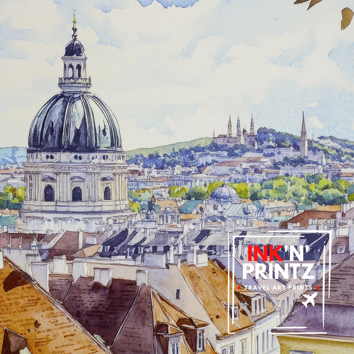Vienna Watercolor Painting Poster Austria Wall Art Historic City Landscape Print Gift for Europe Travel Lovers and Fans of Scenic Austrian