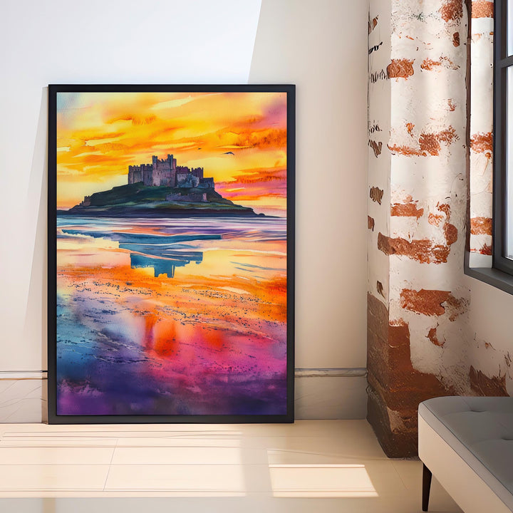 Bamburgh Castle Travel Poster Print Northumberland England Wall Art Coastal Fortress Decor Gift for UK History Lovers and Fans of Scenic