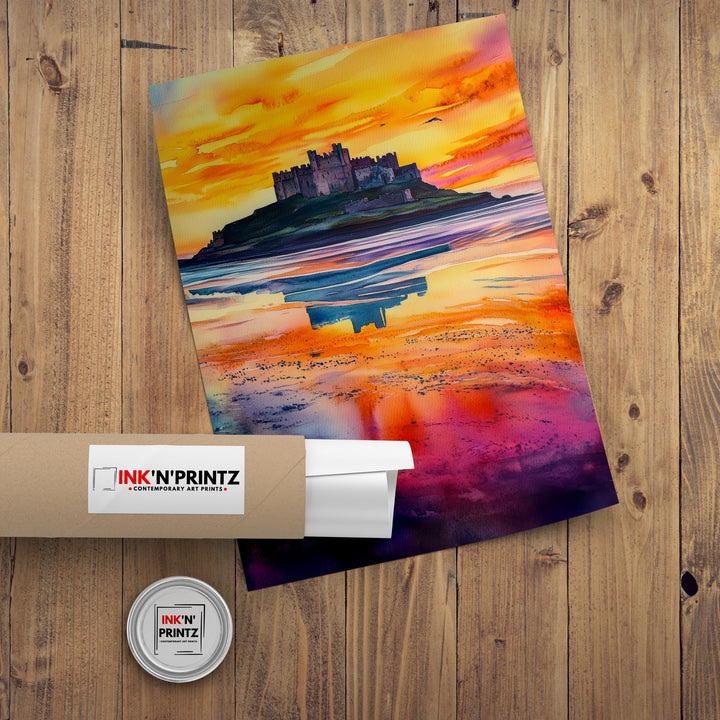 Bamburgh Castle Travel Poster Print Northumberland England Wall Art Coastal Fortress Decor Gift for UK History Lovers and Fans of Scenic