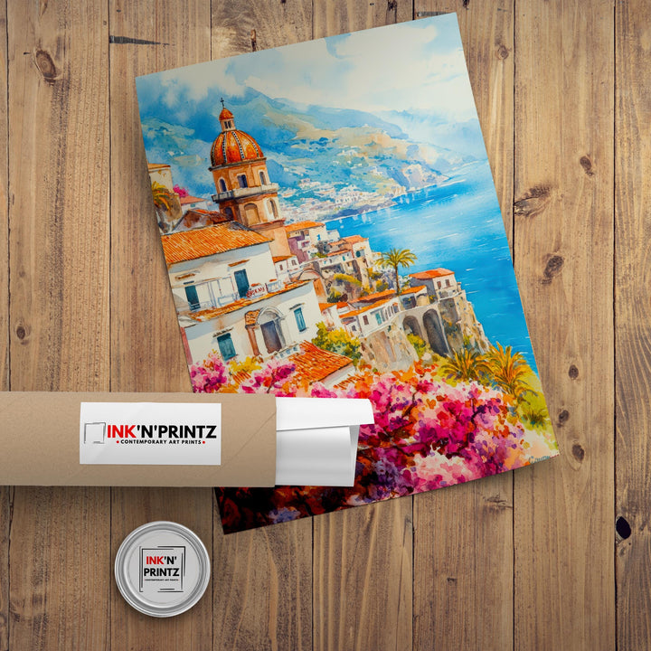 Amalfi Coast Watercolour Painting Poster Italy Wall Art Mediterranean Coastal Print Gift for Europe Lovers and Fans of Scenic Italian