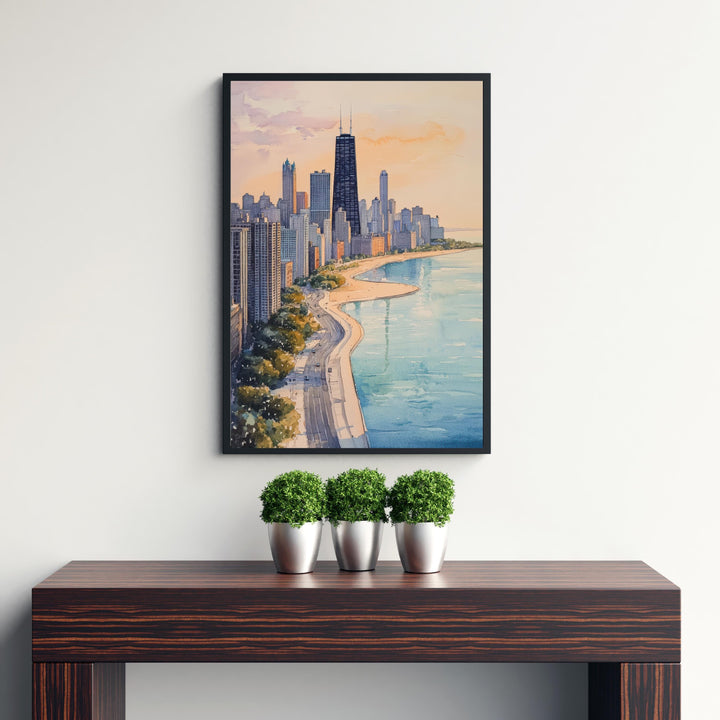 Chicago Skyline Watercolor Art Print, Cityscape Painting, Illinois Travel Decor, Architecture Lover Gift