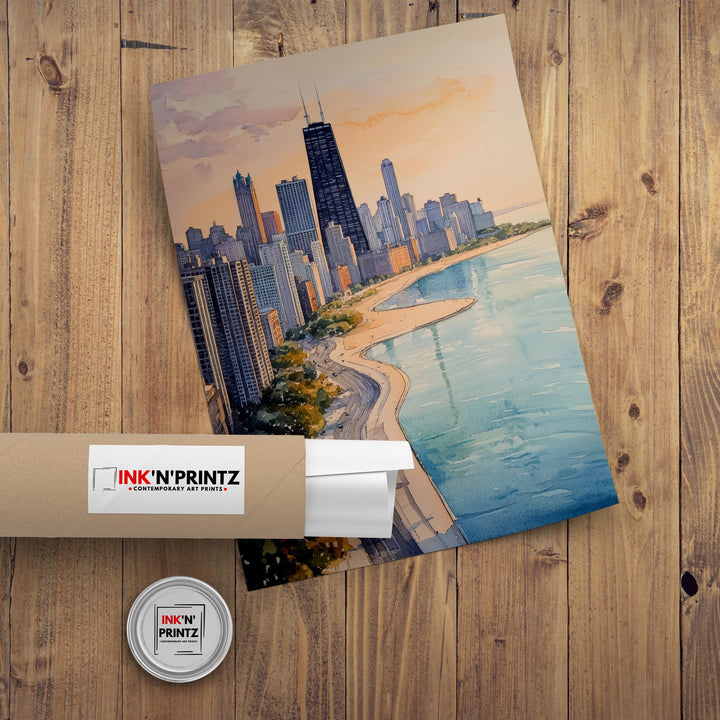 Chicago Skyline Watercolor Art Print, Cityscape Painting, Illinois Travel Decor, Architecture Lover Gift