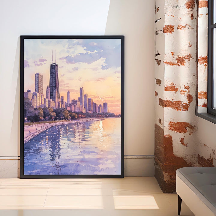 Chicago Skyline Watercolor Art Print, Cityscape Painting, Illinois Travel Decor, Architecture Lover Gift