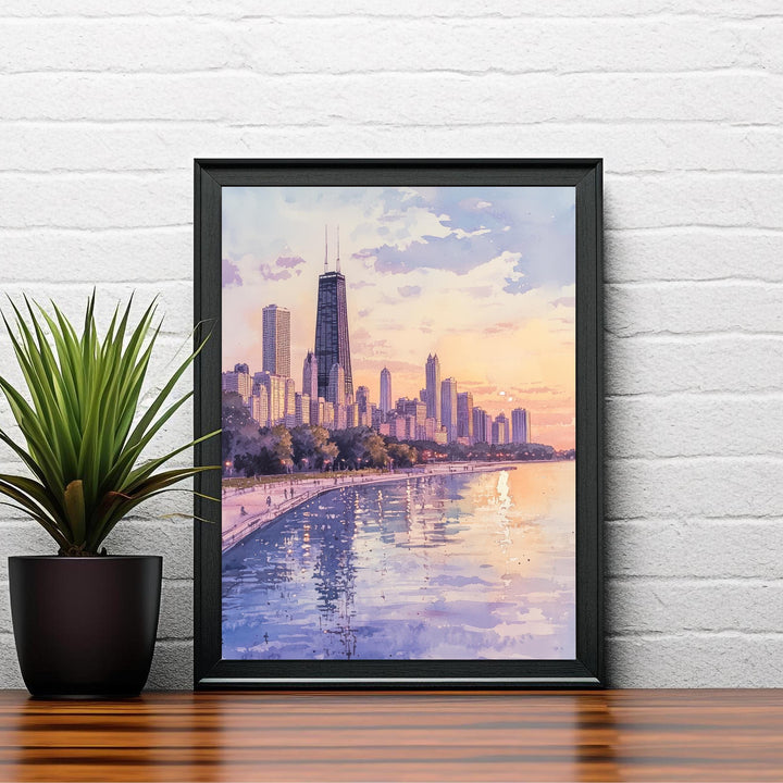 Chicago Skyline Watercolor Art Print, Cityscape Painting, Illinois Travel Decor, Architecture Lover Gift