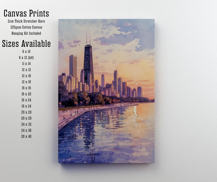 Chicago Skyline Watercolor Art Print, Cityscape Painting, Illinois Travel Decor, Architecture Lover Gift