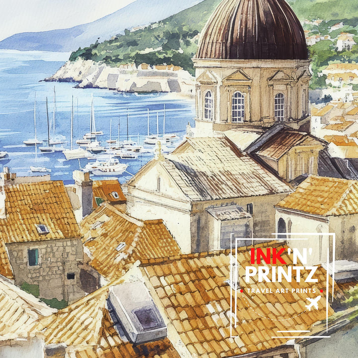 Dubrovnik Old Town Watercolor Art Print, Croatia Travel Painting, Adriatic Sea Wall Decor, Cityscape Gift