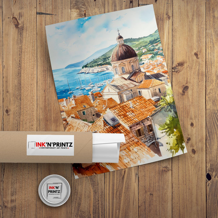 Dubrovnik Old Town Watercolor Art Print, Croatia Travel Painting, Adriatic Sea Wall Decor, Cityscape Gift