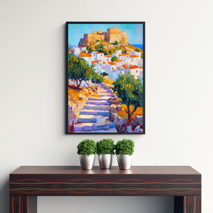 Lindos Rhodes Oil Painting Poster Greece Wall Art Coastal Village Landscape Print Gift for Europe Travel Lovers and Fans of Scenic Greek