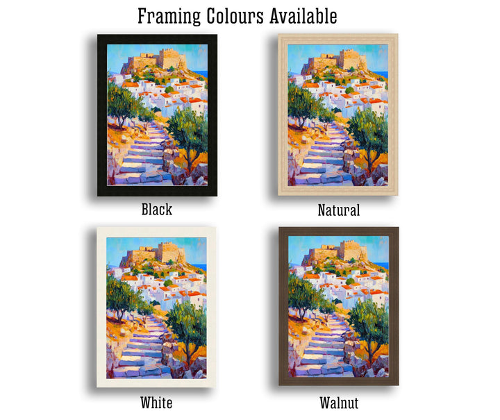 Lindos Rhodes Oil Painting Poster Greece Wall Art Coastal Village Landscape Print Gift for Europe Travel Lovers and Fans of Scenic Greek
