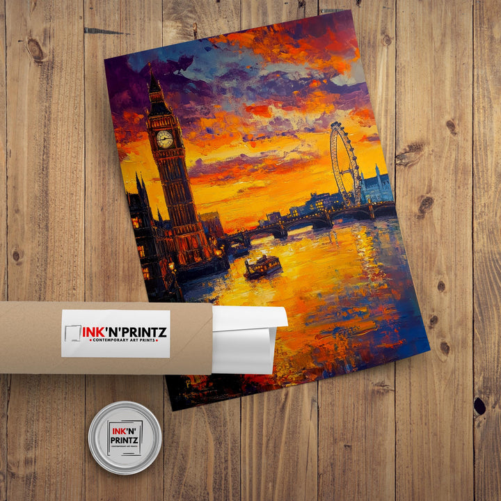 London Skyline Oil Painting Poster England Wall Art City Landmark Print Gift for UK Travel Lovers and Fans of Scenic British Architecture