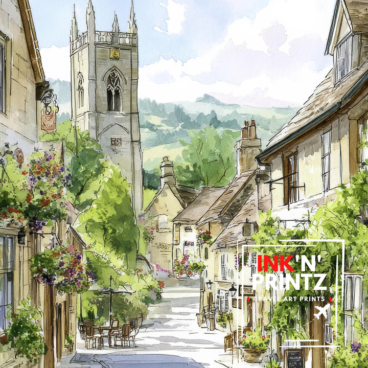 Winchcombe in Cotswolds Watercolour Painting Poster England Wall Art Countryside Village Print Gift for UK Travel Lovers