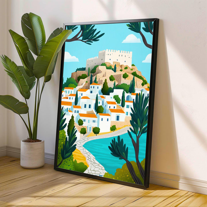 Lindos Rhodes Minimalist Travel Poster Print Greece Wall Art Coastal Village Landscape Gift for Europe Lovers and Fans of Scenic Greek