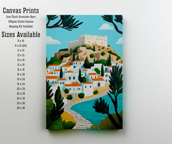 Lindos Rhodes Minimalist Travel Poster Print Greece Wall Art Coastal Village Landscape Gift for Europe Lovers and Fans of Scenic Greek