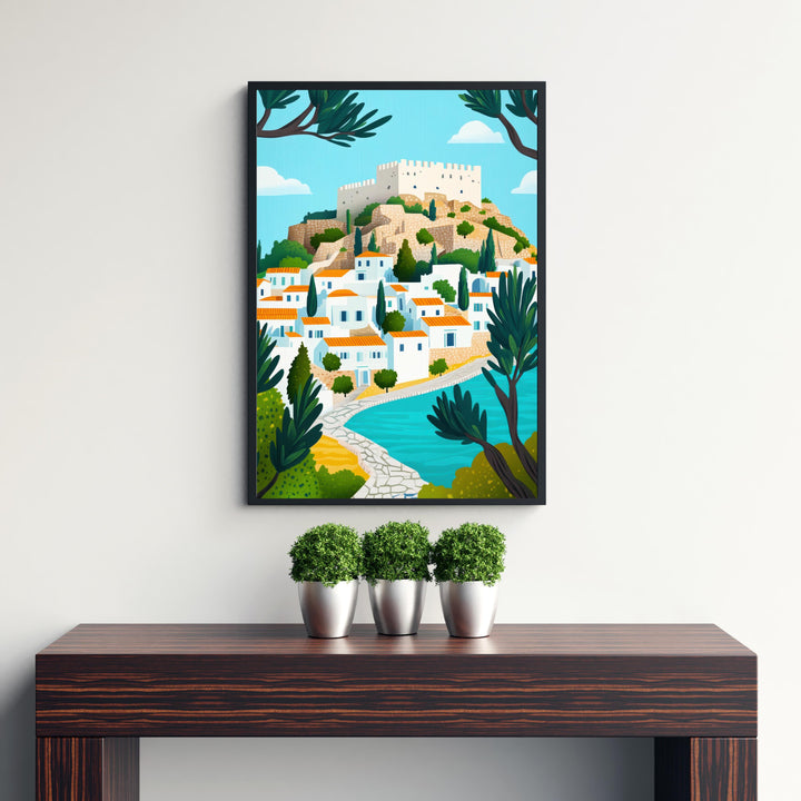 Lindos Rhodes Minimalist Travel Poster Print Greece Wall Art Coastal Village Landscape Gift for Europe Lovers and Fans of Scenic Greek