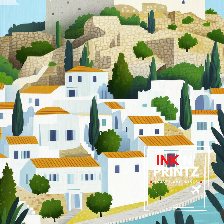Lindos Rhodes Minimalist Travel Poster Print Greece Wall Art Coastal Village Landscape Gift for Europe Lovers and Fans of Scenic Greek