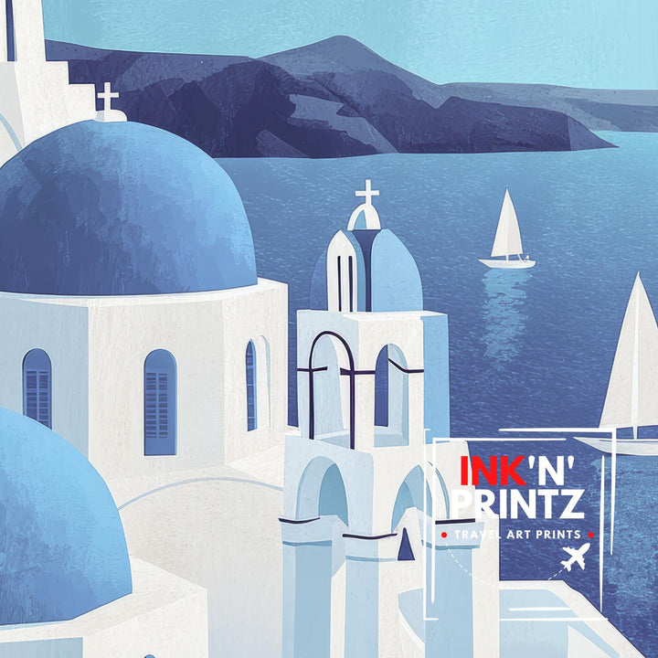 Santorini Minimalist Travel Poster Print Greece Wall Art Mediterranean Island Landscape Gift for Europe Lovers and Fans of Scenic Greek