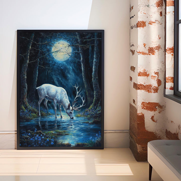 White Stag with Silver Antlers Poster Cottagecore Decor Dark Academia Art Enchanted Woodland Illustration Vintage Nature Wall Art