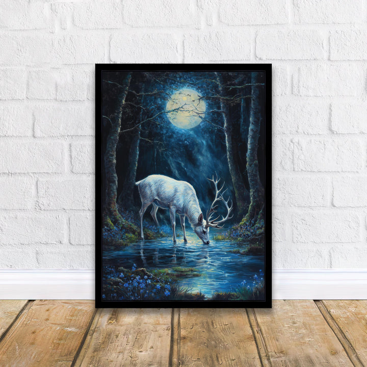 White Stag with Silver Antlers Poster Cottagecore Decor Dark Academia Art Enchanted Woodland Illustration Vintage Nature Wall Art