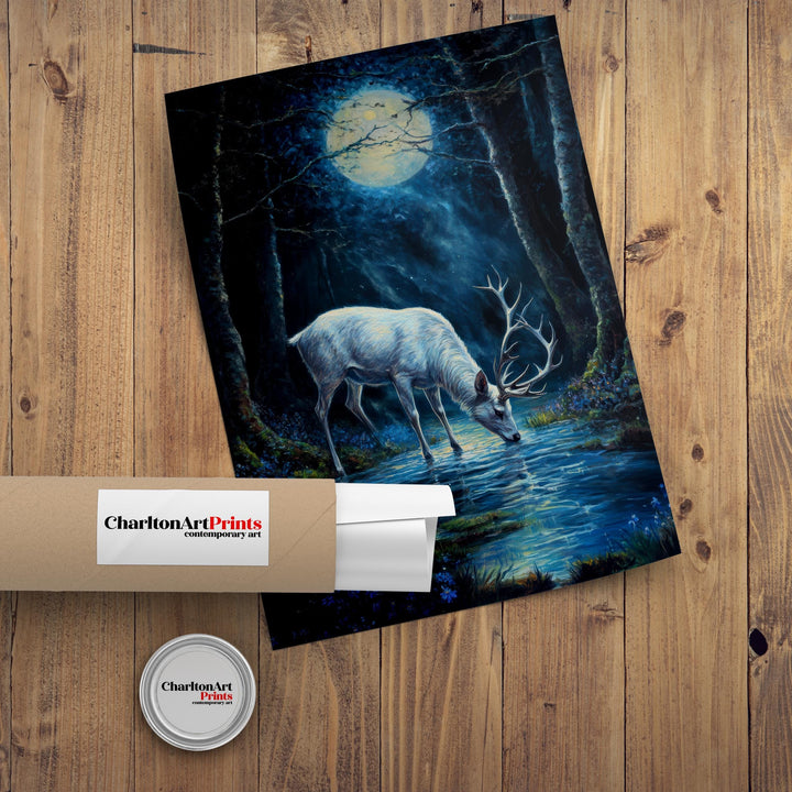 White Stag with Silver Antlers Poster Cottagecore Decor Dark Academia Art Enchanted Woodland Illustration Vintage Nature Wall Art