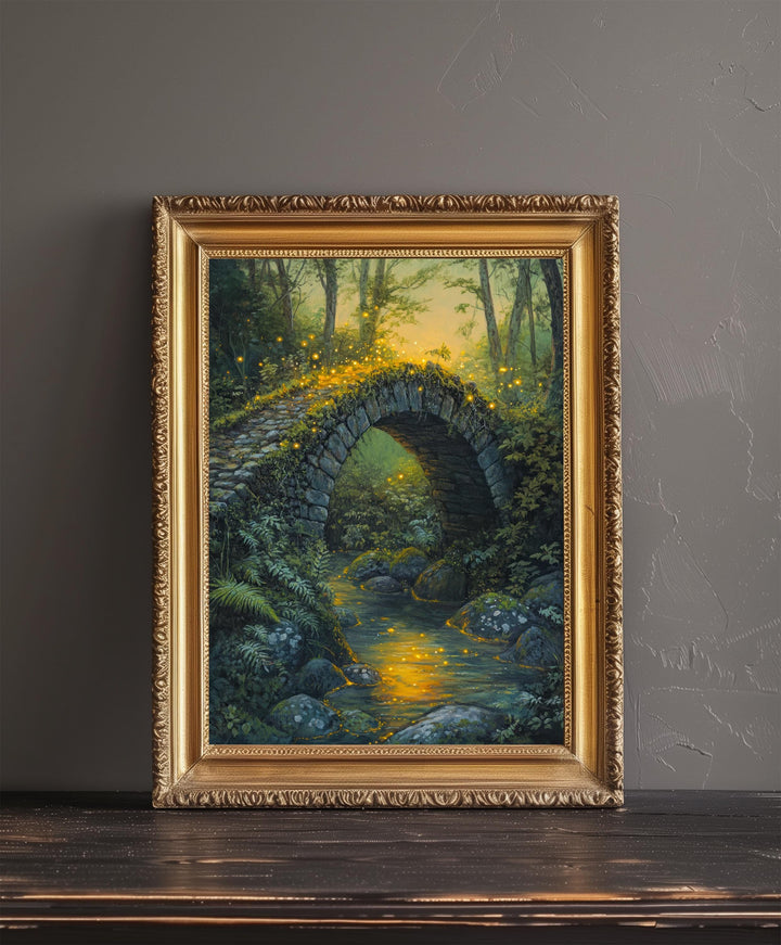 Fairycore Moss Stone Bridge Poster Cottagecore Decor Dark Academia Art Enchanted Woodland Illustration Vintage Nature Wall Art Poster Print