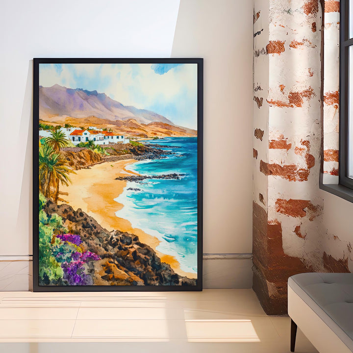 Fuerteventura Watercolour Painting Poster Canary Islands Spain Wall Art Coastal Landscape Print Gift for Europe Lovers and Fans of Scenic