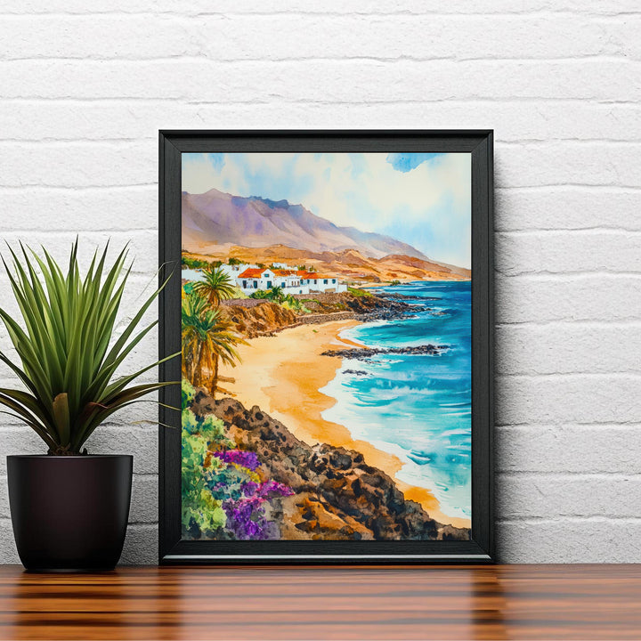 Fuerteventura Watercolour Painting Poster Canary Islands Spain Wall Art Coastal Landscape Print Gift for Europe Lovers and Fans of Scenic