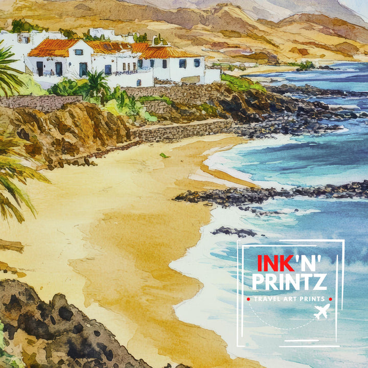 Fuerteventura Watercolour Painting Poster Canary Islands Spain Wall Art Coastal Landscape Print Gift for Europe Lovers and Fans of Scenic