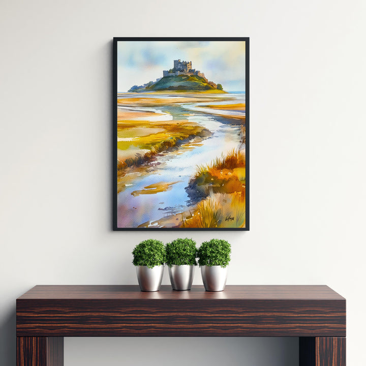 Holy Island Northumberland Watercolour Painting Poster England Wall Art Coastal Landscape Print Gift for UK Travel Lovers and Fans of Scenic
