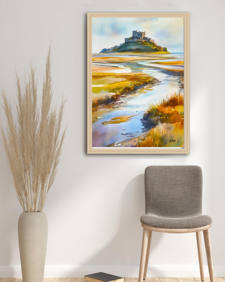 Holy Island Northumberland Watercolour Painting Poster England Wall Art Coastal Landscape Print Gift for UK Travel Lovers and Fans of Scenic